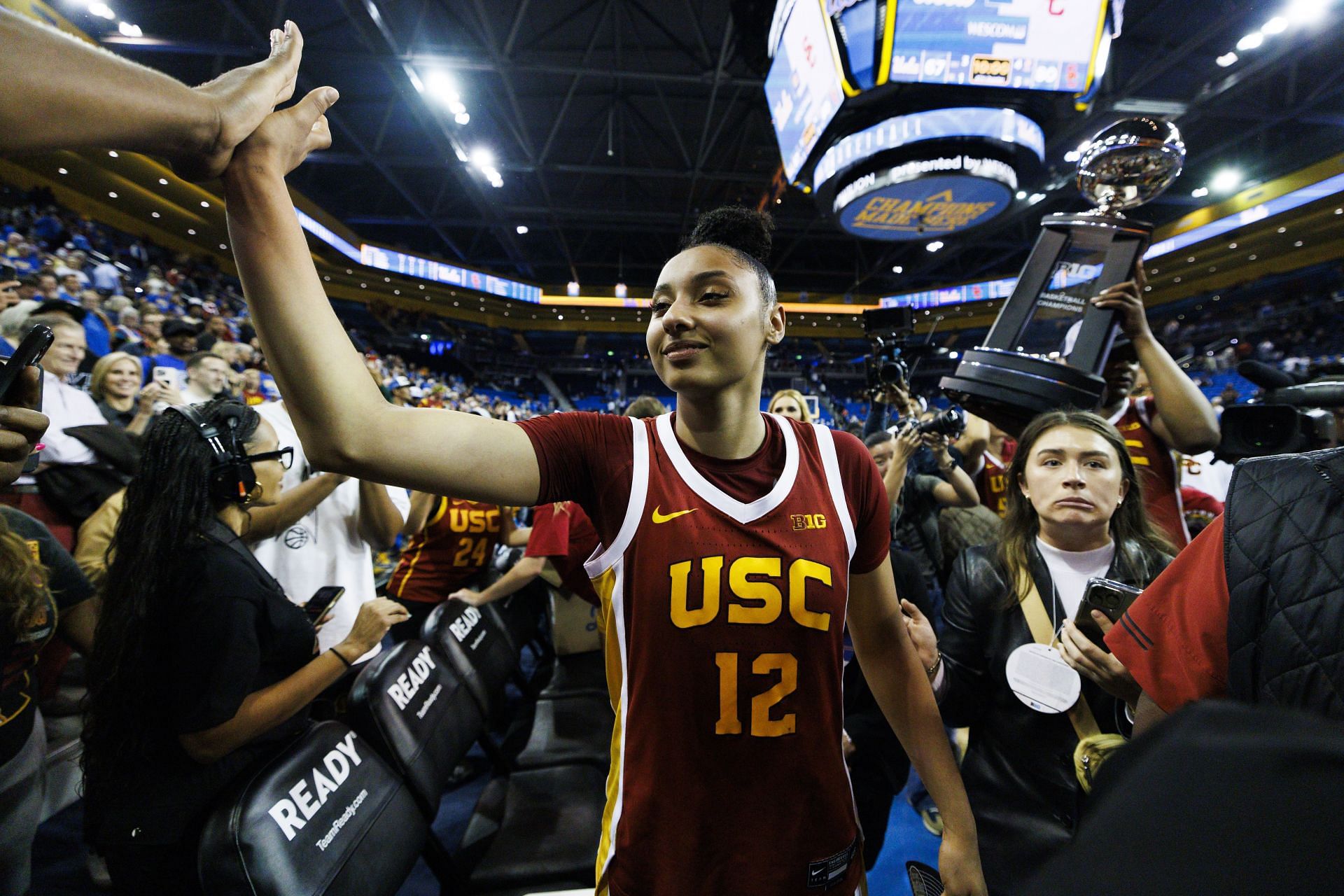 JuJu Watkins (#12) of the USC Trojans celebrates after her team's victory against the UCLA Bruins at Pauley Pavilion on March 1, 2025, in Los Angeles, California. Photo: Getty